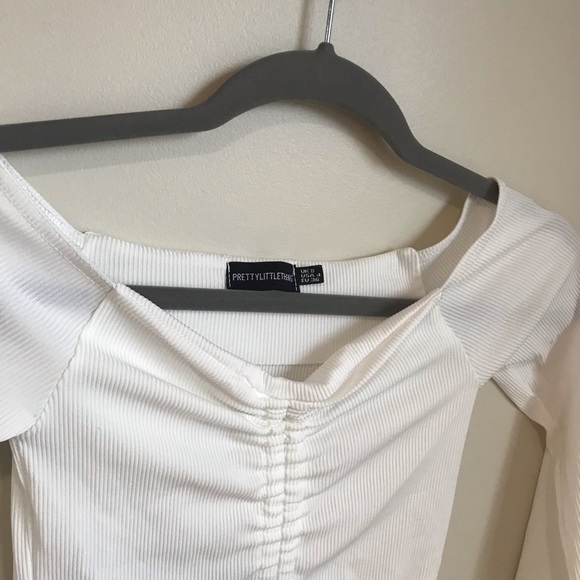 🛍 White Ribbed Long Sleeve Ruched Bodycon Dress - Picture 4 of 7